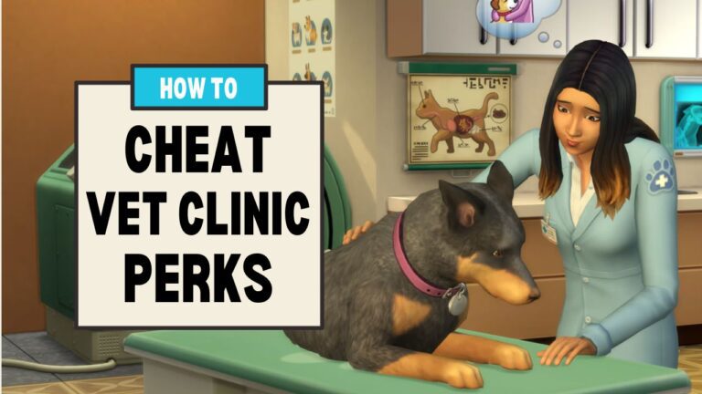 This image has a set of boxes that say "how to cheat vet clinic perks" and beside that is a female vet caring for a dog