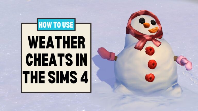 This image has a set of boxes on the left side that say "how to use weather cheats in the sims 4' and beside that is an image of a snow pal with a scarf on their head