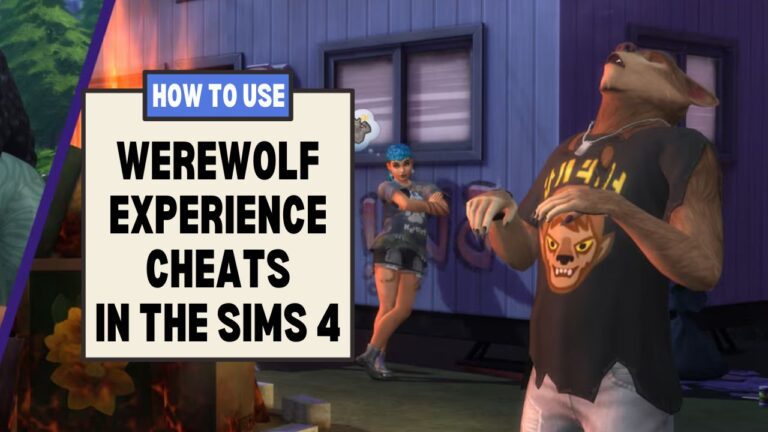 This image has a set of boxes on the left side with text that says "How to use werewolf experience cheats in the sims 4" and on the right side is a werewolf howling.
