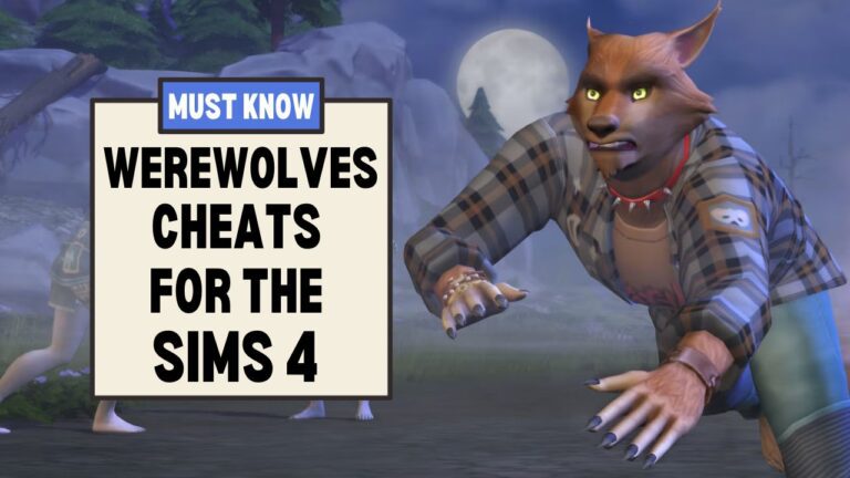 This image has a set of boxes on the left side that says "must know werewolves cheats for the sims 4" and on the right side is a werewolf running on their hands and knees